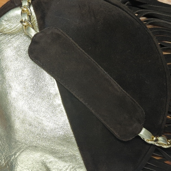 Meli Melo Rich Brown and Metallic Gold Suede Leather Fringe Crossbody - Picture 10 of 16